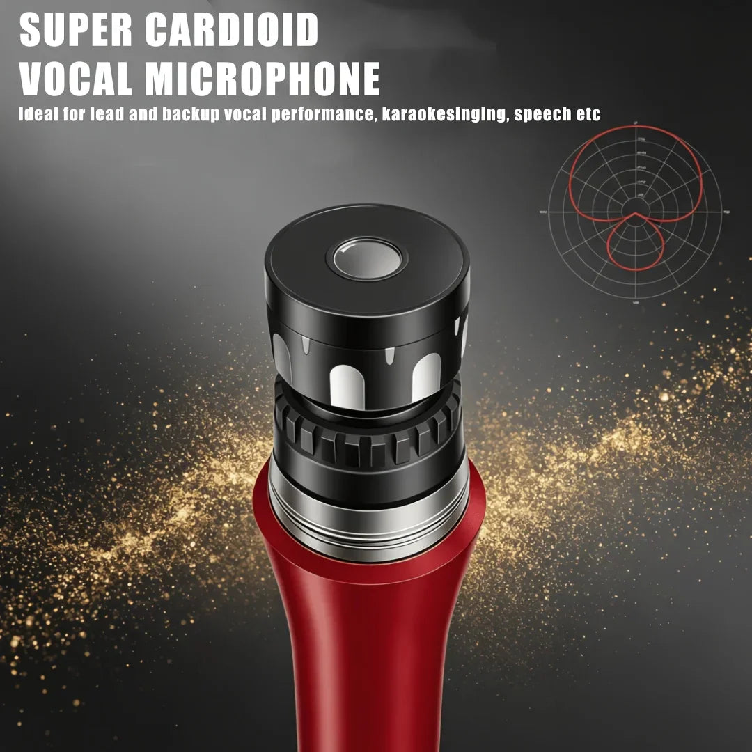 Red and black professional dynamic microphone with metallic grille for karaoke studio recording and live stage performance