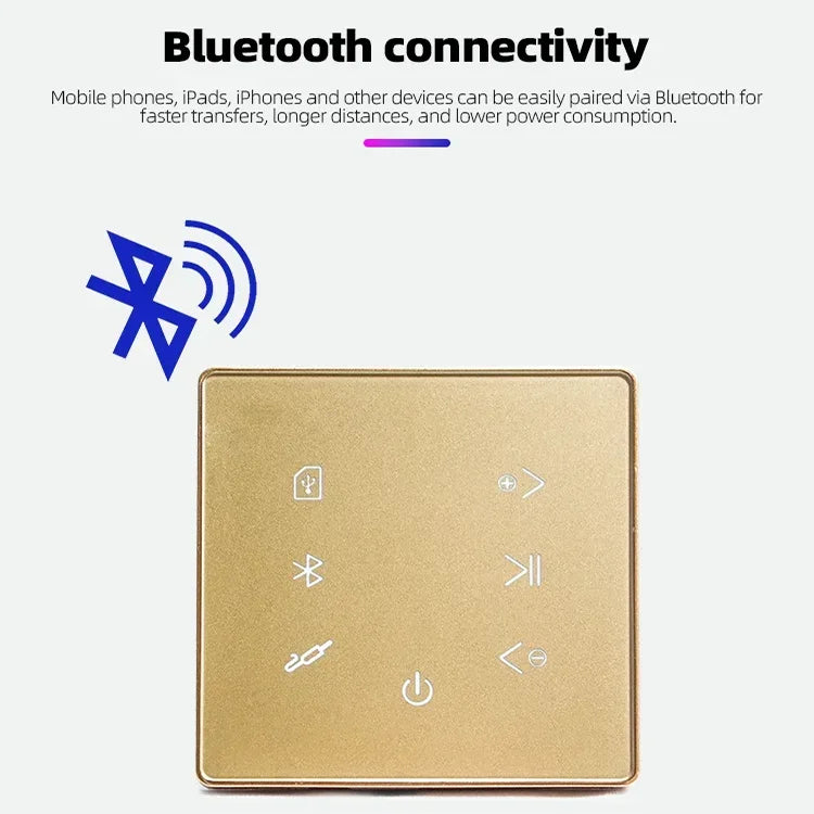 Gold-colored square bluetooth wall amplifier with tactile buttons for touch screen home background music controller
