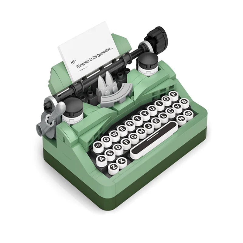 Mint green lego style toy model printer with black and white keys and paper roll for small particle puzzle assembly