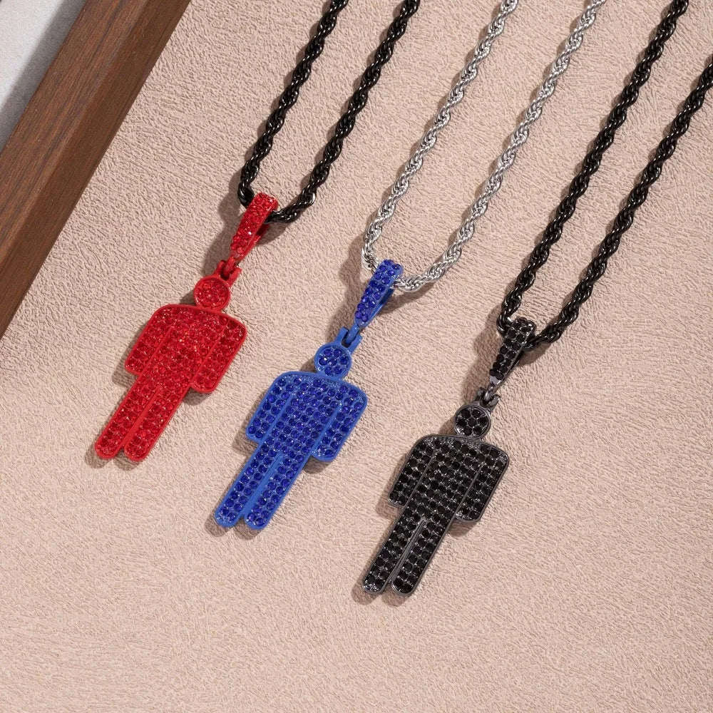 Three colorful luxury hip hop steel skew head zircon couple pendant necklaces in red blue and black rhinestone encrusted steel