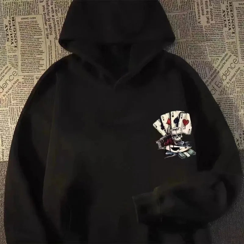 Black men pullover hoodie with skeleton poker print oversized sweatshirt fashion long sleeve autumn pullover