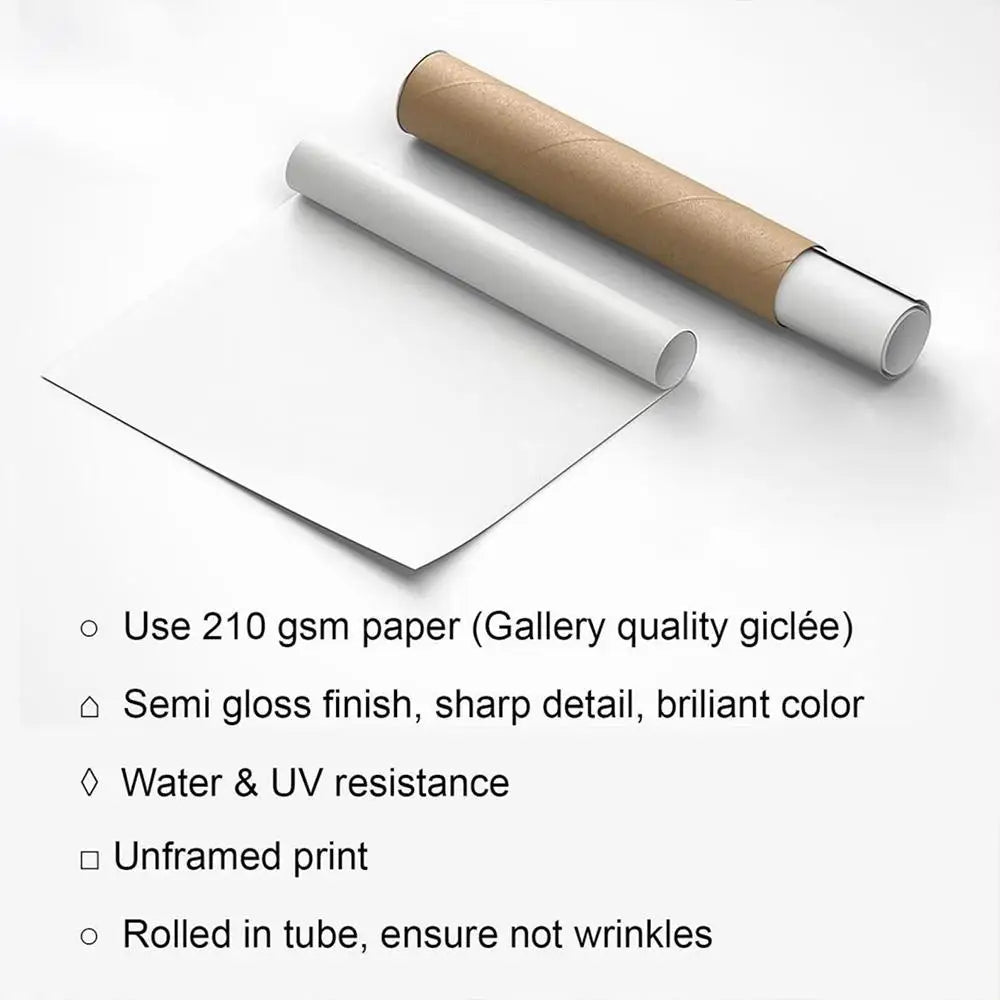 A pristine white 210 gsm gallery-quality poster hd art rolled in a brown cardboard tube for modern room wall decals