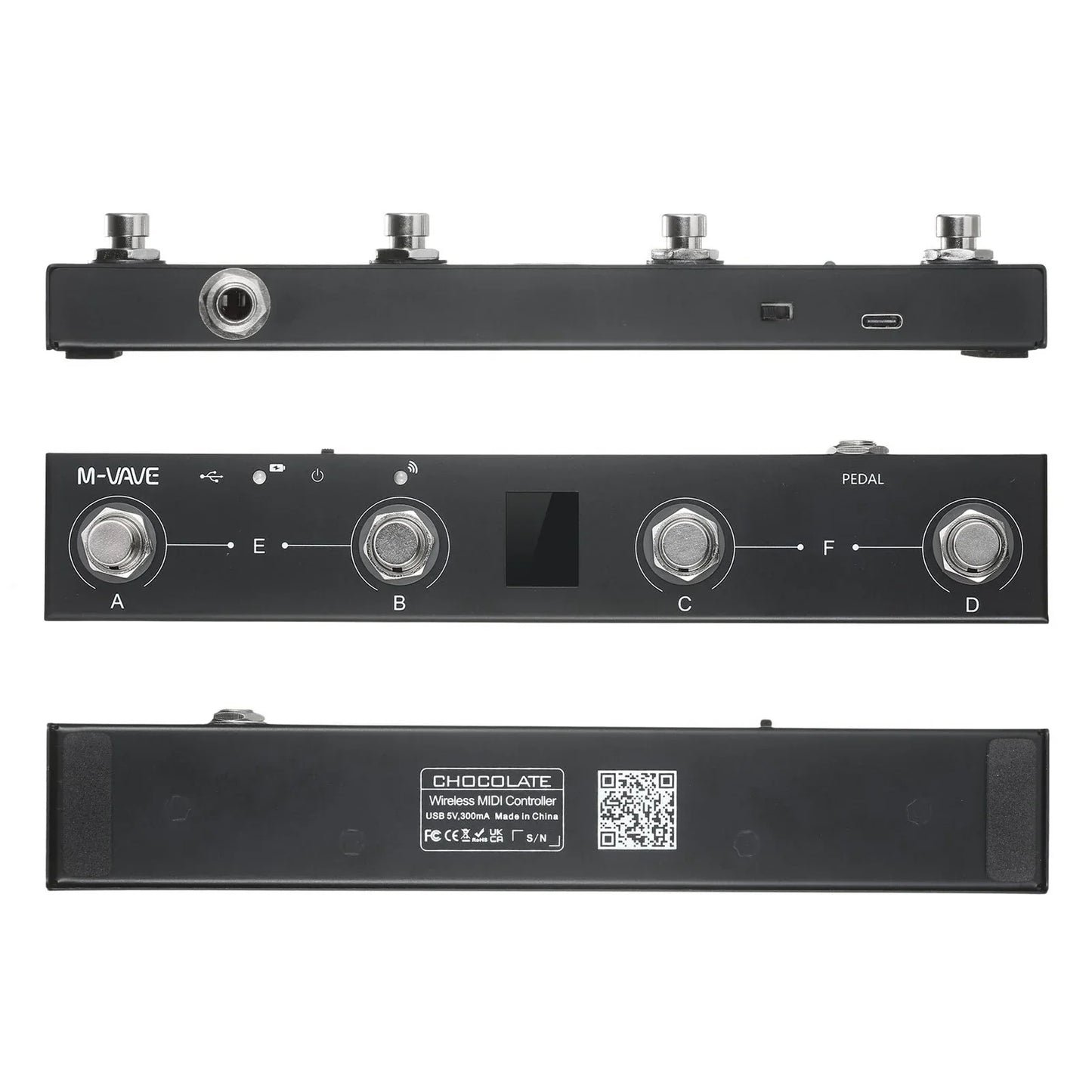 Black chocolate midi controller m-wave with four silver foot pedals, small screen, controller pedal app, and wireless transmission