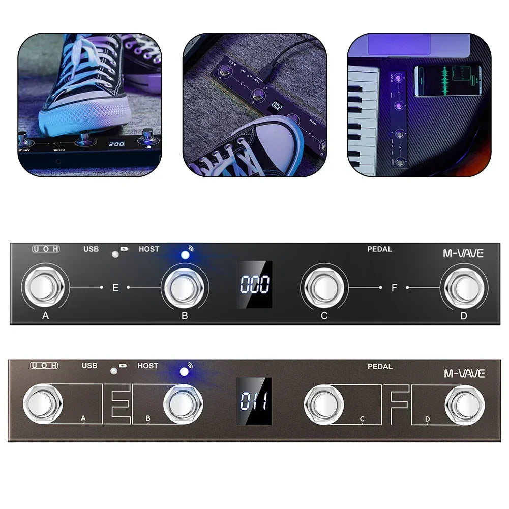 Black m-vave midi footswitch controller pedal with silver knobs digital display rechargeable wireless transmission