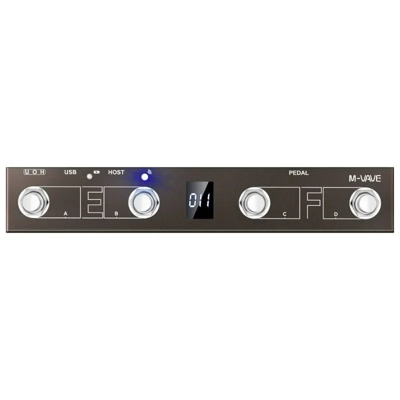 Black m-vave programmable midi controller with silver knobs digital display 014 and footswitch supports page turn midi host interface