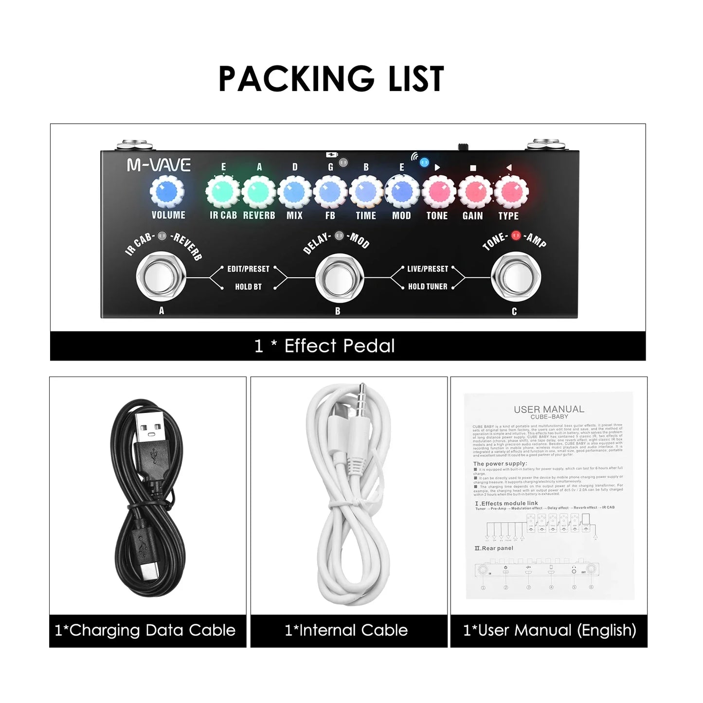 Black m-vave cube baby combined effect pedal with colorful knobs for wireless music playback and phone recording audio