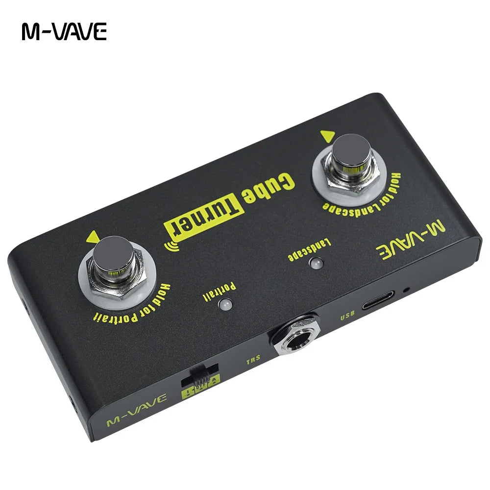Black m-vave cube turner wireless page turner pedal with silver knobs and yellow lettering rechargeable music sheet supports