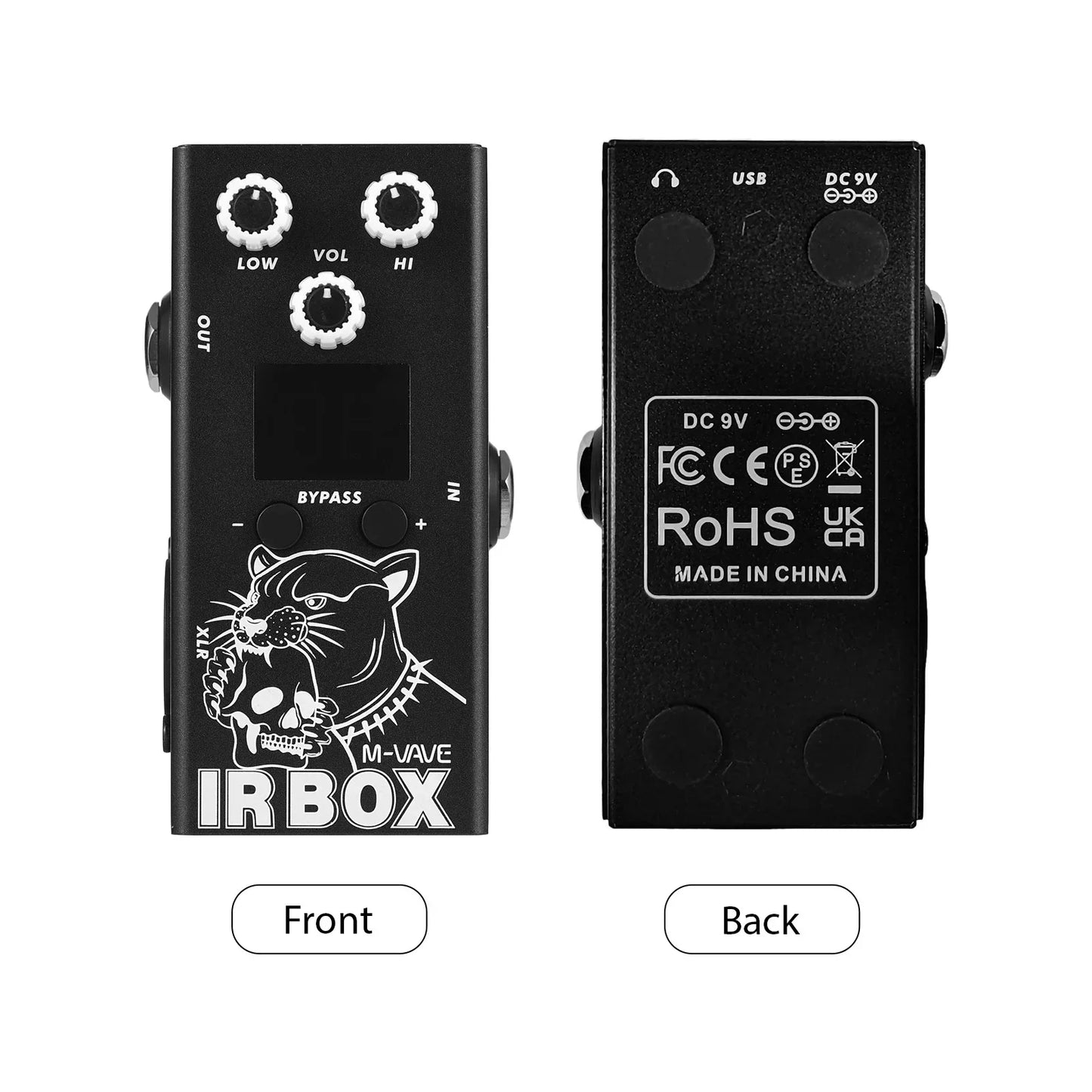 Black m-vave guitar ir box effect pedal with white skull and panther design featuring cab impulse response simulator