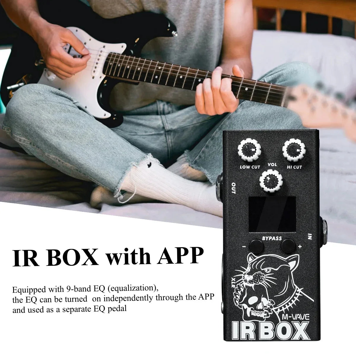 Black m vave guitar pedal ir box with white knobs and cat skull graphic featuring cabinet simulator and classic speaker box sound