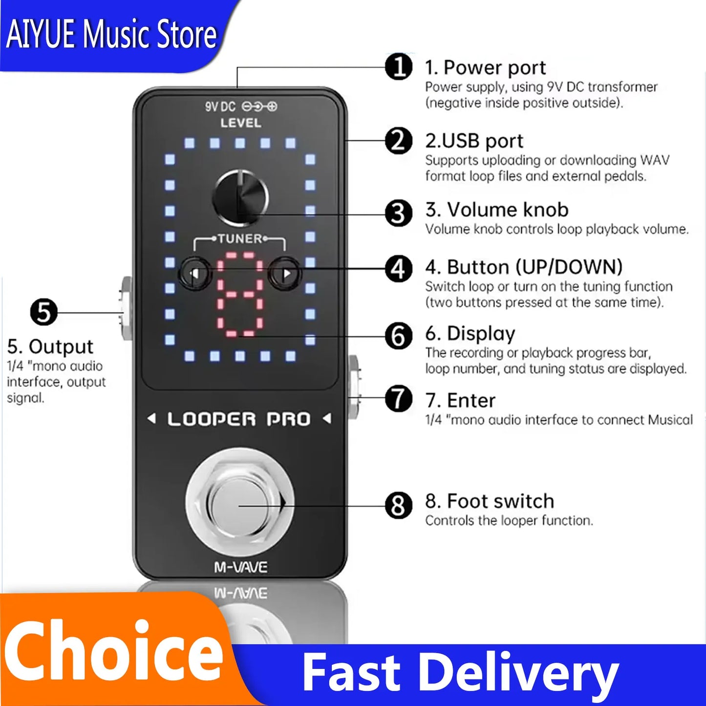 Black m-wave looper pro guitar effect pedal with digital display volume knob and tap footswitch for looping and tuning