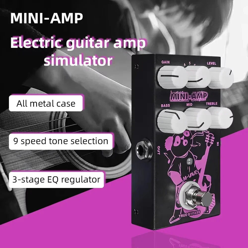 Black m-wave mini-amp guitar preamp simulation effect pedal with white knobs pink cartoon graphic and band eq true bypass