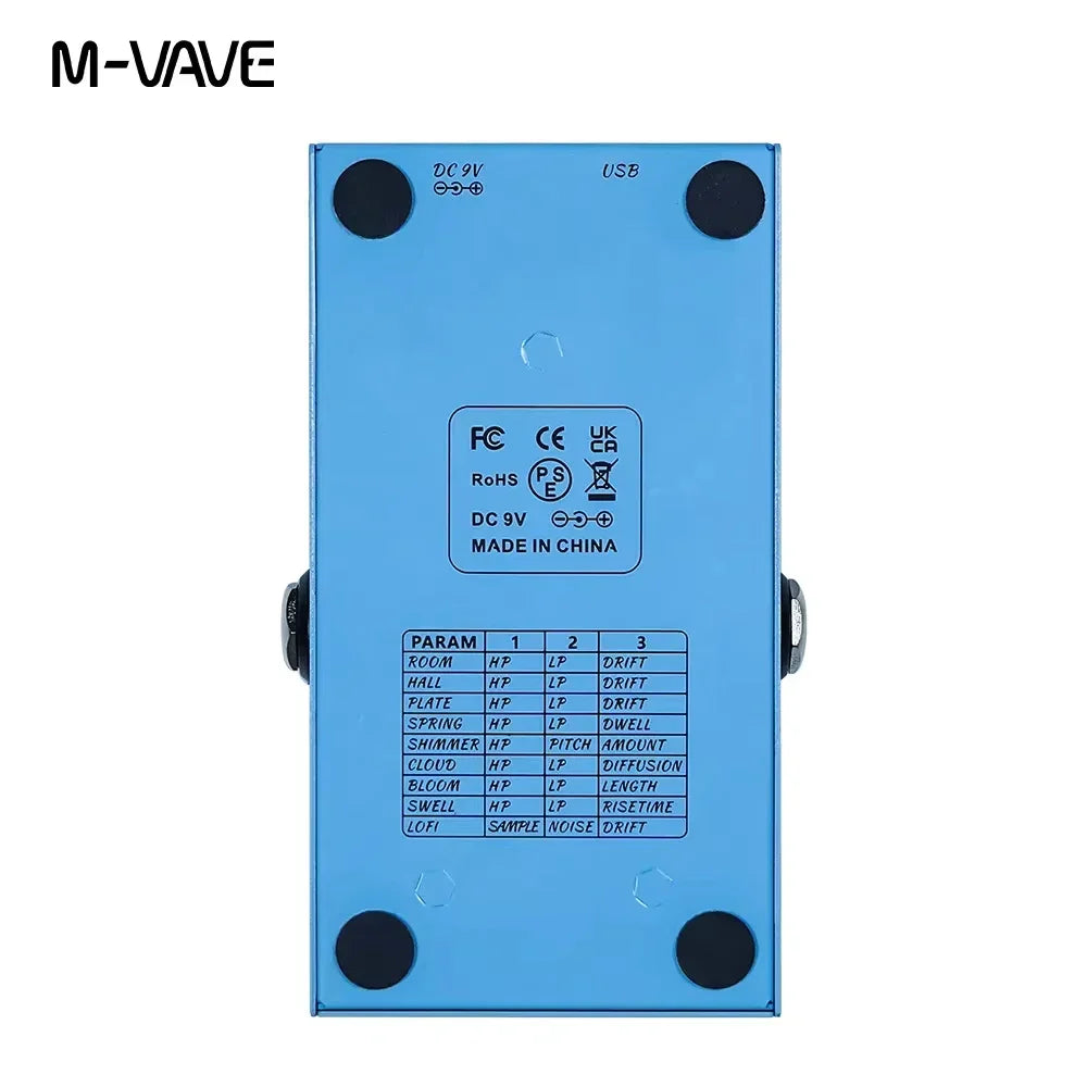 Blue m-vave mini universe digital reverb effect pedal with black rubber feet and labeled control panel for electric guitar use