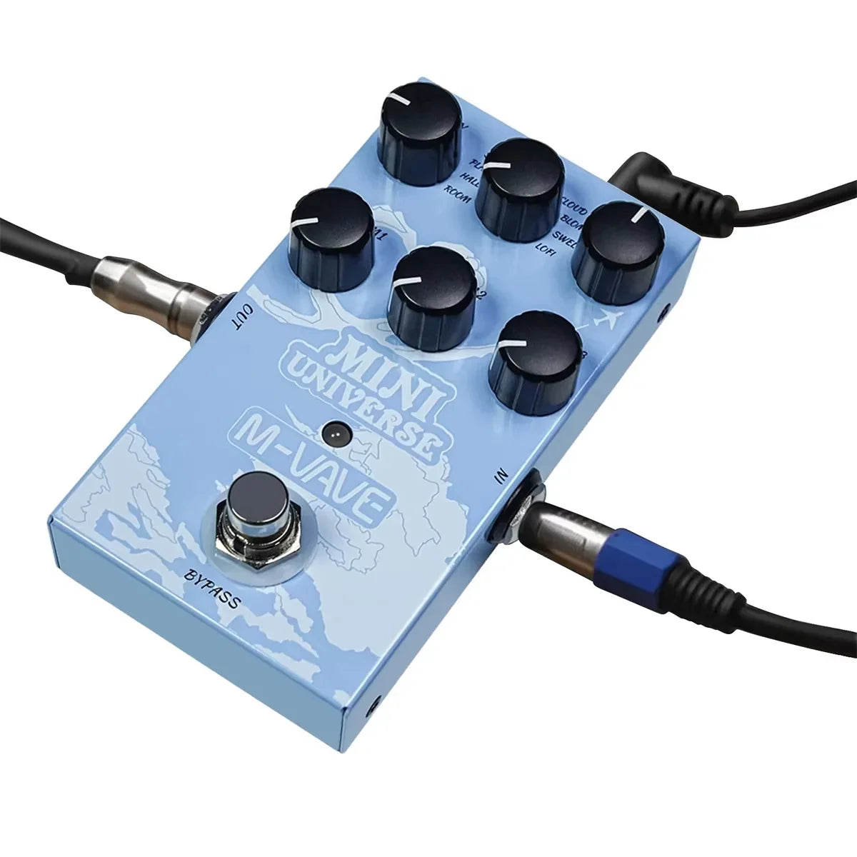 Light blue m-vave mini universe guitar effects pedal with black knobs silver footswitch and power supply interfaces