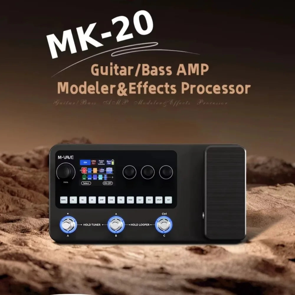 Black m-audio mk-20 guitar and bass amp modeler with digital display control knobs buttons and footswitches for m-vave mk-20 effect bass multi-function effects and loop function