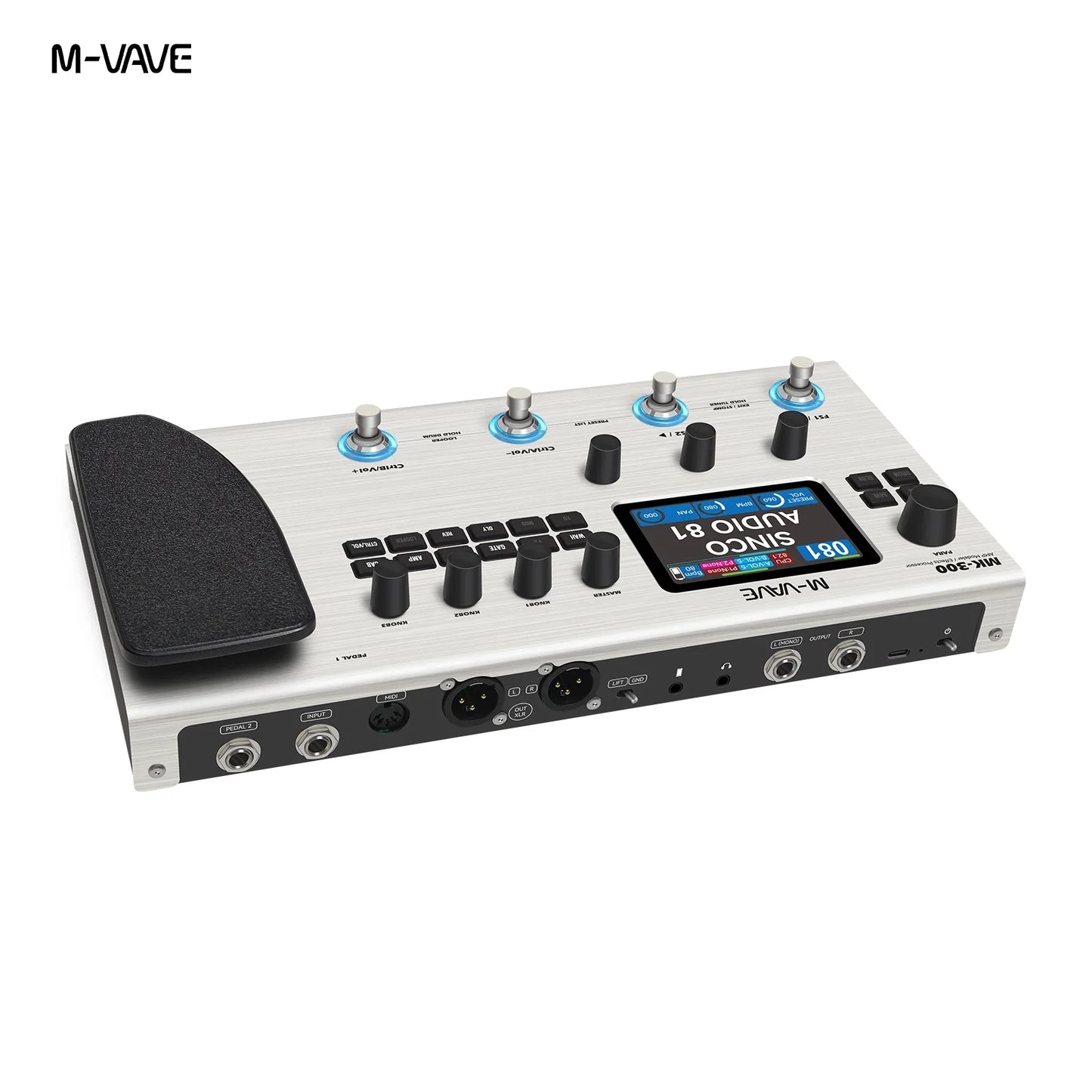 Silver m-vave mk-300 guitar effects pedal with ann neural modeling, black knobs, digital display, and textured footswitch