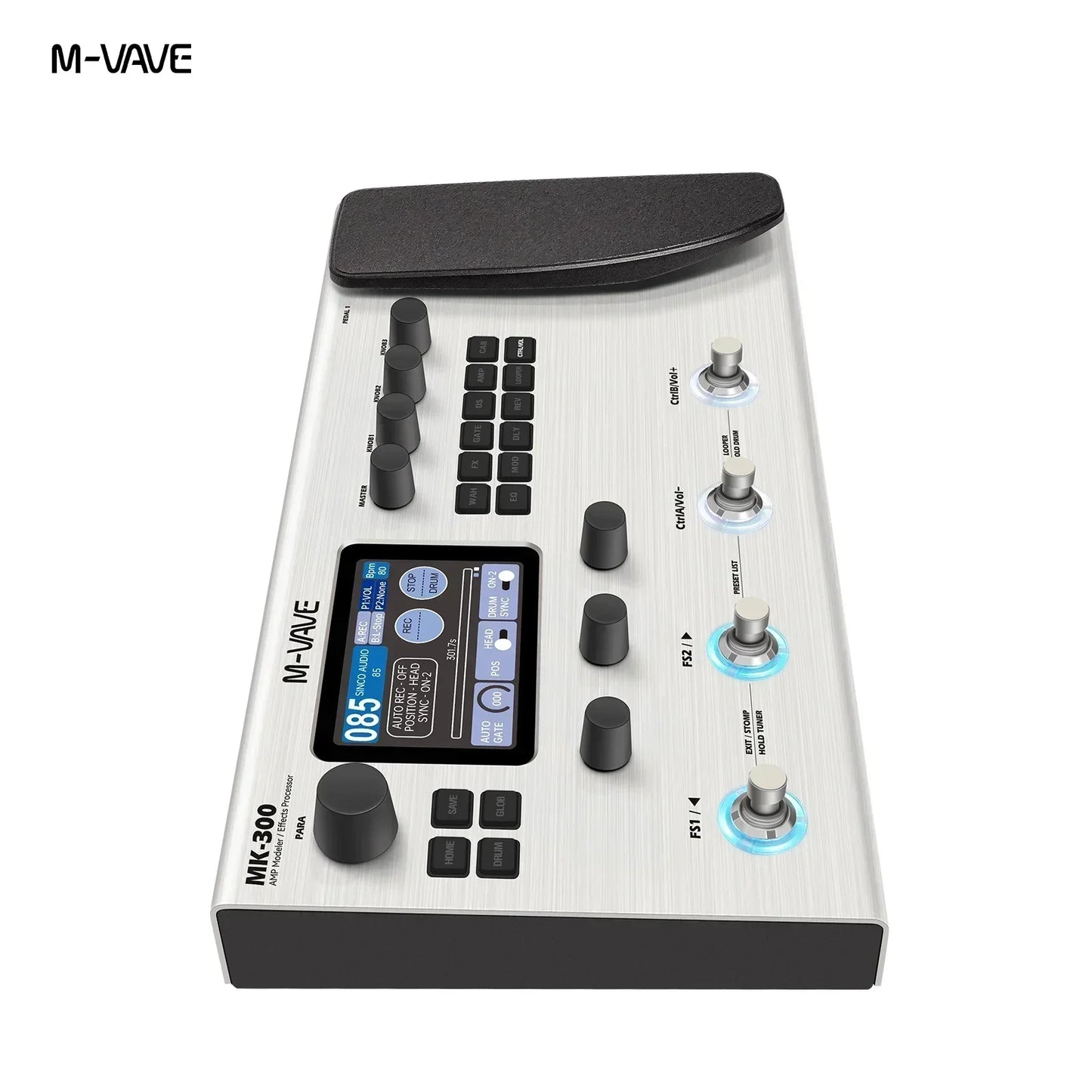 Silver m-vave mk-300 midi controller with black knobs buttons touchscreen featuring 150s looper and 120amp 10h battery