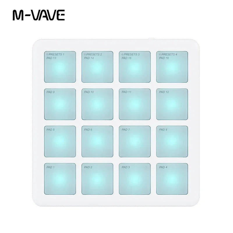 White m-vave sk-16 smc-pad portable wireless midi controller with 16 illuminated light-blue pads suitable percussion use