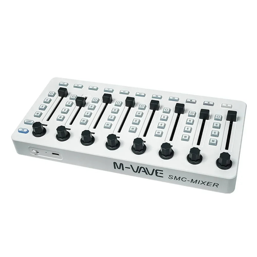 White m-vave smc-mixer audio mixing console with black knobs and sliders featuring wireless midi controller and console bt connection