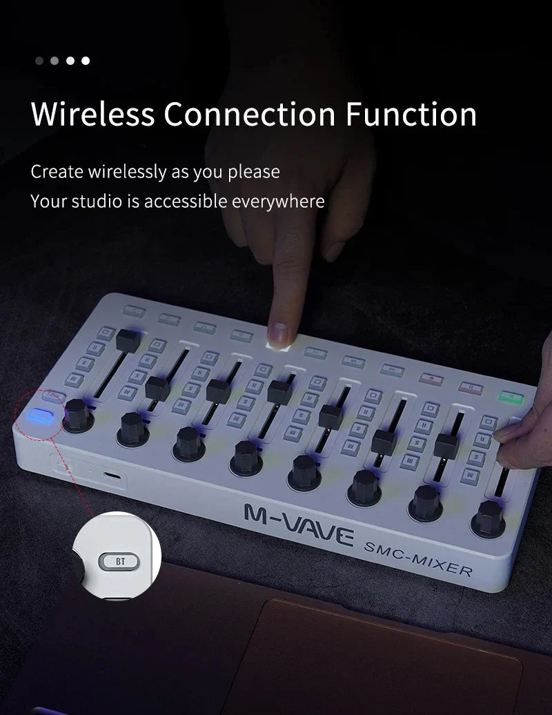 White m-vave smc-mixer wireless midi controller with black knobs and sliders portable for Ableton FL Studio Cubase