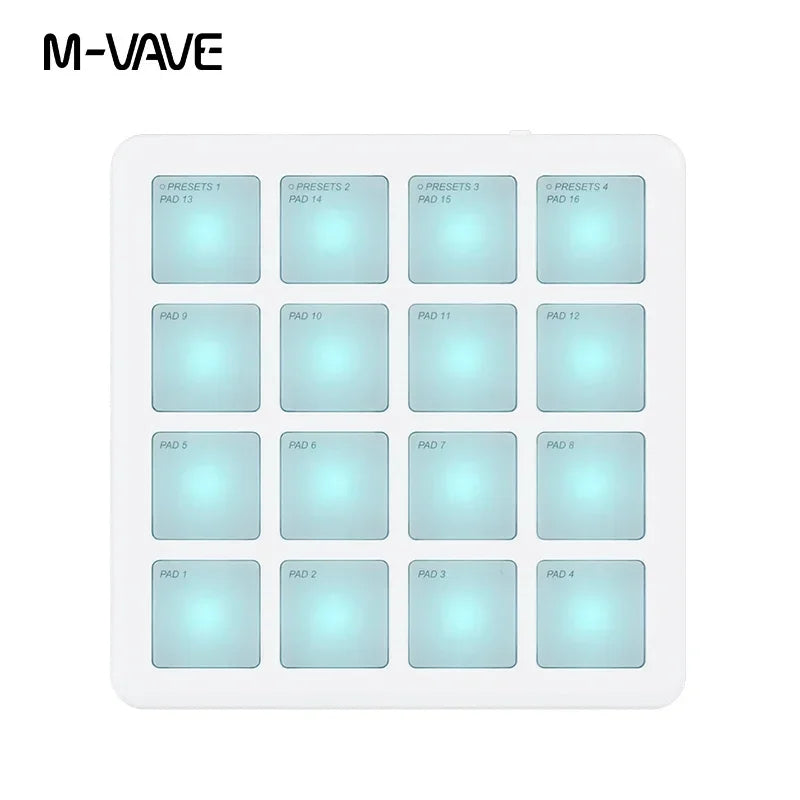 White m-vave wireless midi controller with 16 illuminated light-blue pads midi controller pocket design suitable percussion