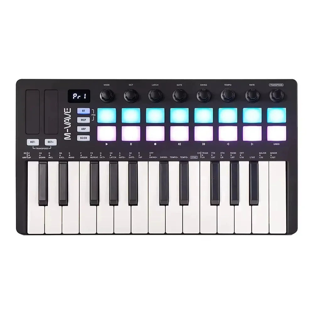 Black midi drum pad controller m-vave smk-25 ii with 24 keys, rgb drum pads, and music production software integration