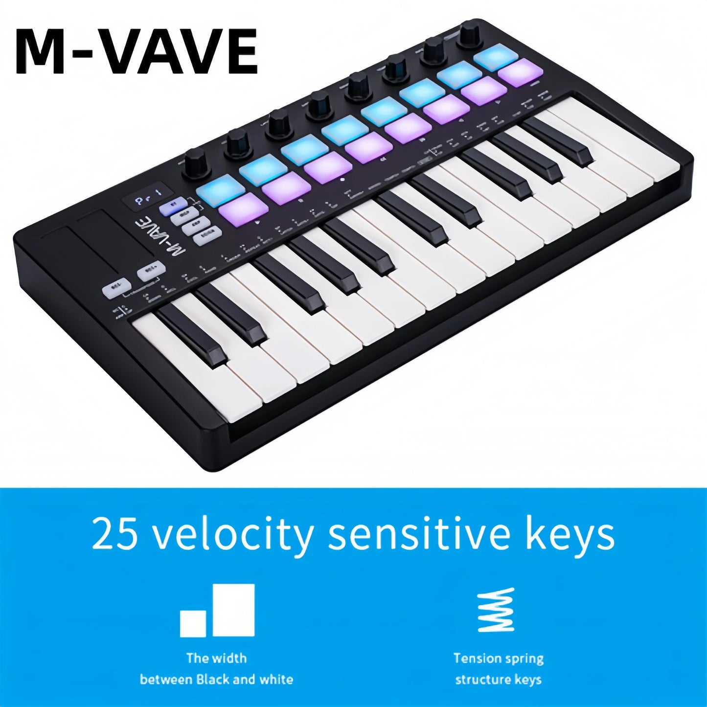 Black m-vave smk-25 ii midi keyboard with 25 mini keys and illuminated rgb drum pads for music production