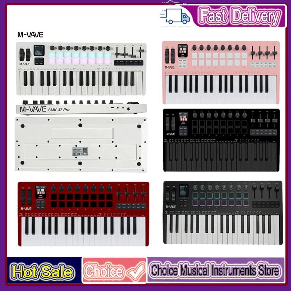 The m-vave smk-37 pro is a white 37-key midi controller with black keys, rgb pads, and built-in synthesizer music production