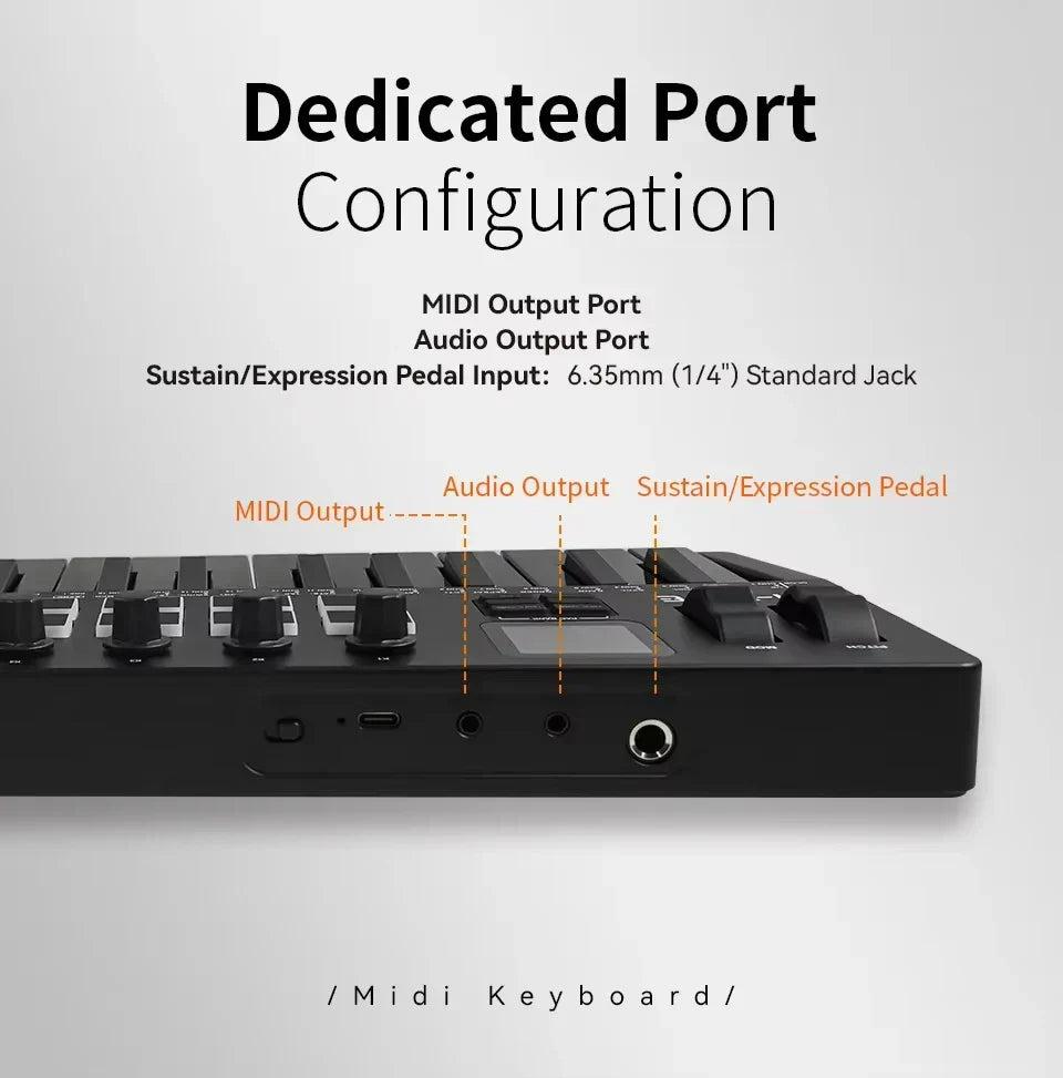 Black m-vave smk-37 pro 37-key midi controller with matte finish knobs and ports for synthesizer portable music use