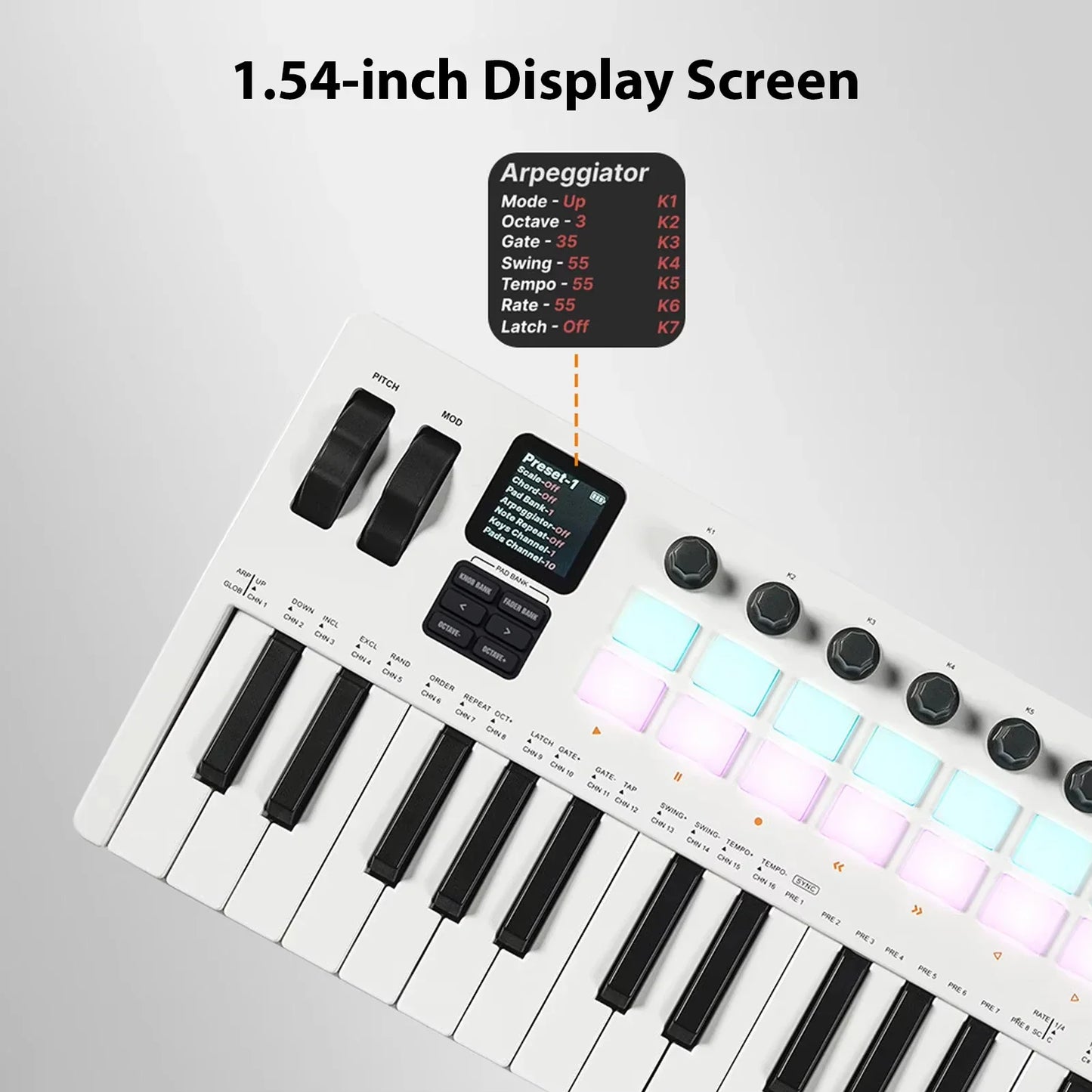 White m-vave smk-37 pro keyboard midi controller with rgb backlit drum pads sliders music production features