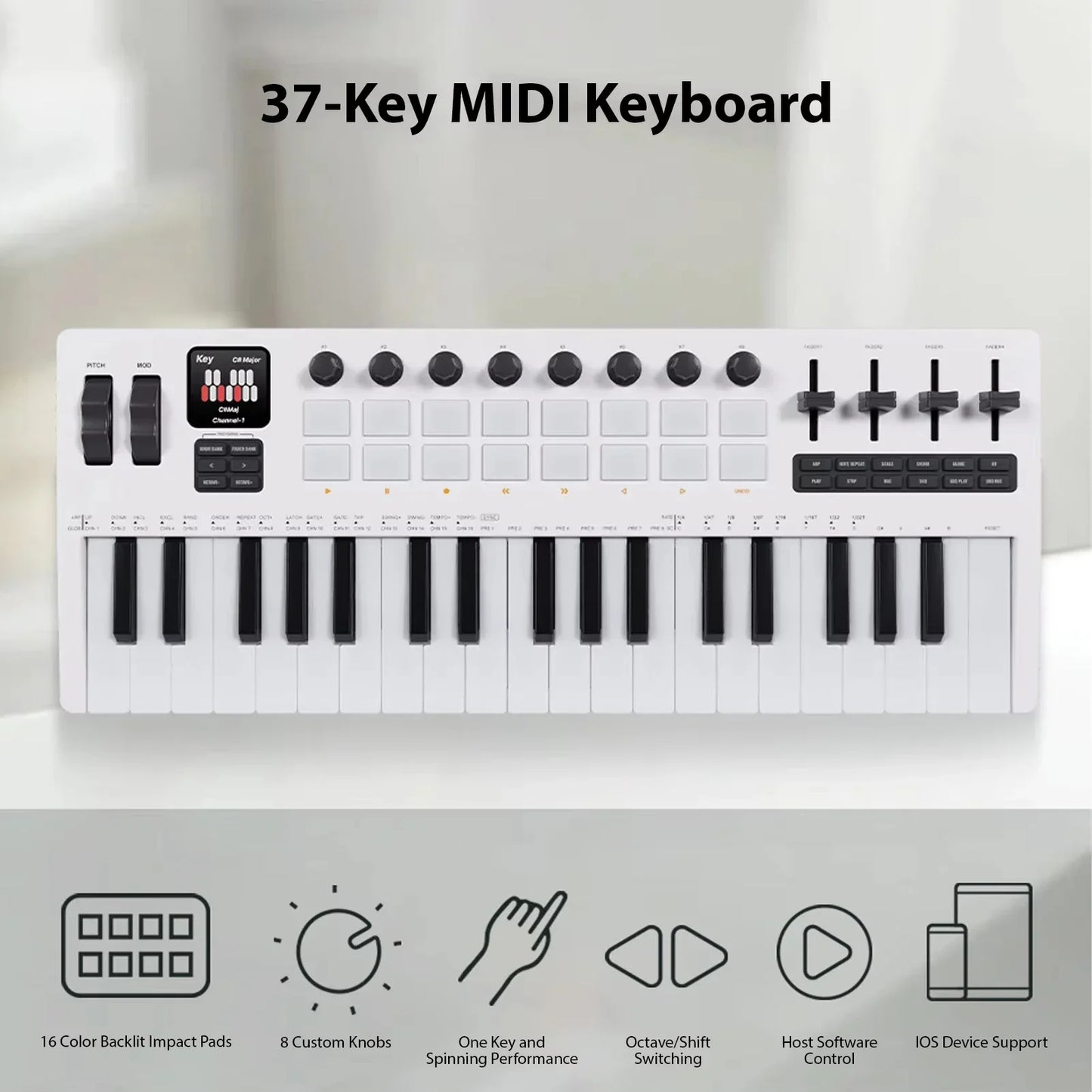 White 37-key midi controller with black keys rgb backlit drum pads sliders music production by m-vave smk-37 pro keyboard