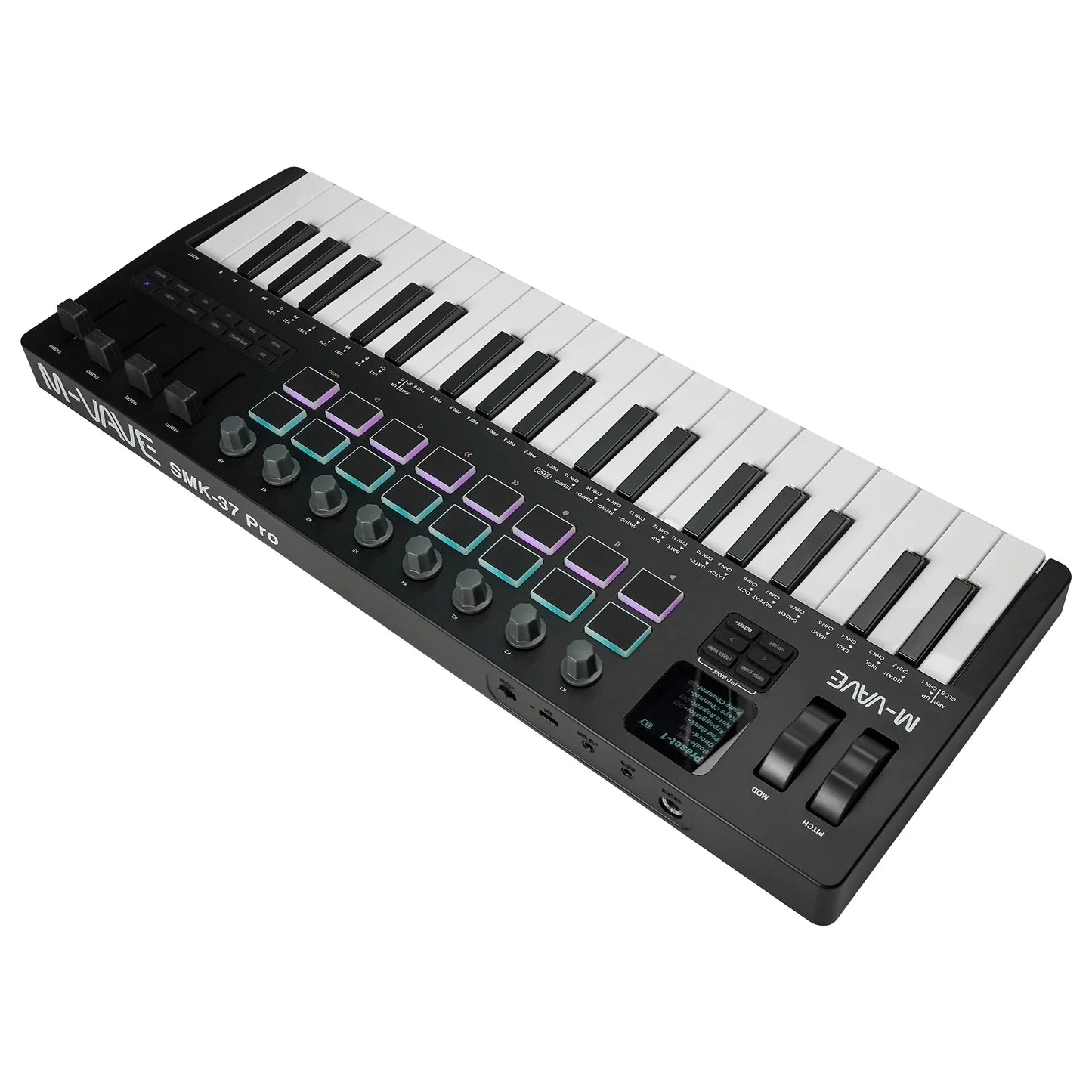 Black m-vave smk-37 pro midi keyboard with white and black velocity-sensitive keys and teal purple rgb pads with wireless bluetooth