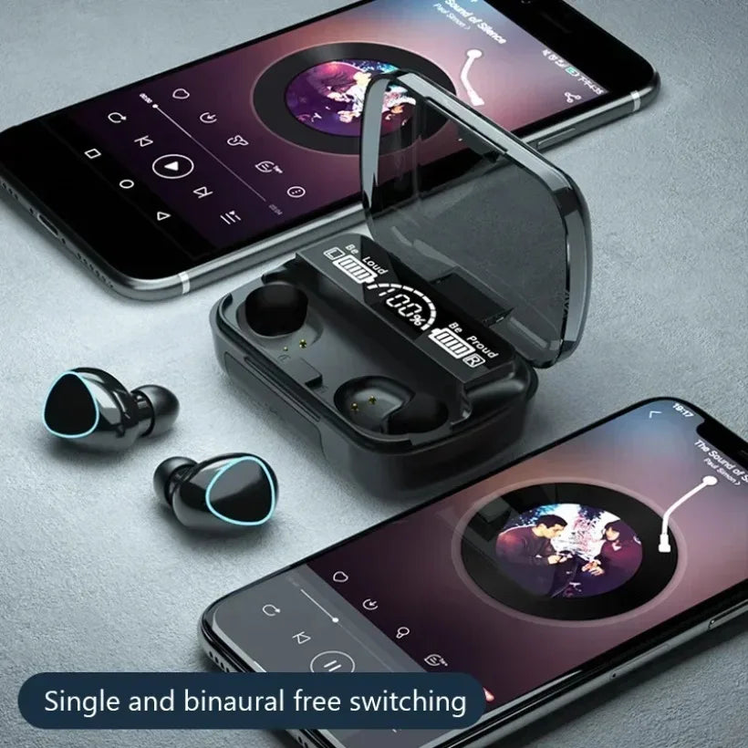 Black m10 bluetooth earphones wireless earbuds waterproof with glowing blue accents and charging case display battery indicator