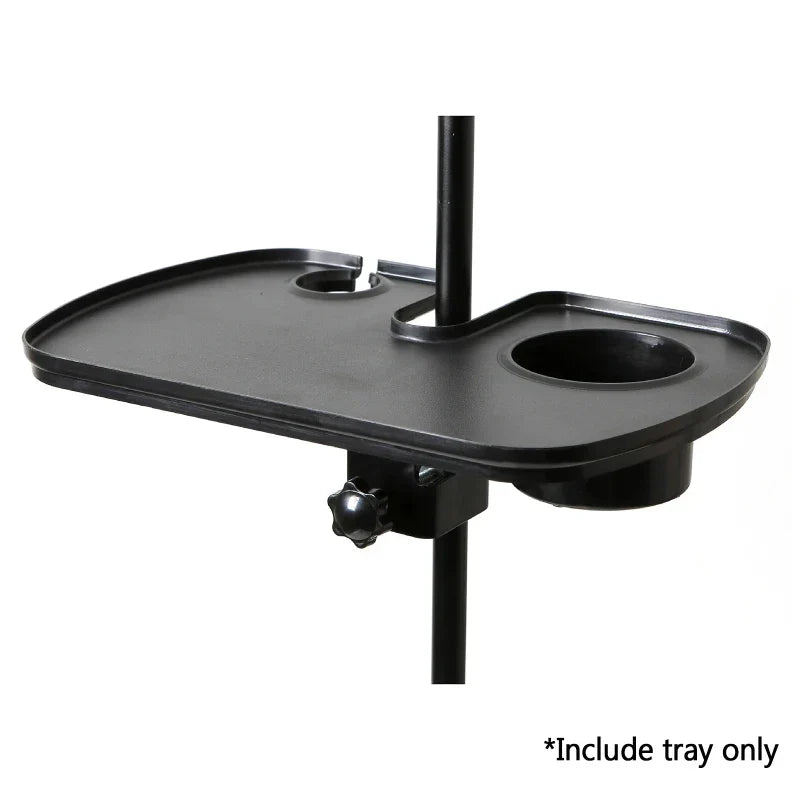 Black plastic tray with two circular cup holders and central pole clamp for m2ec adjustable microphone stand multi functional bracket shelf portable use