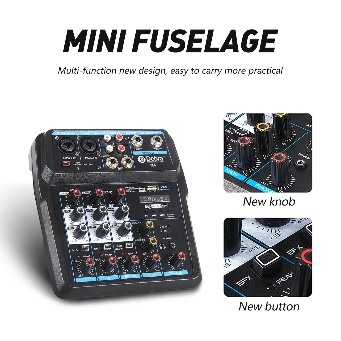 Black debra m4 mini mixer dj console with blue-lit controls and red accent knobs for recording karaoke microphone use