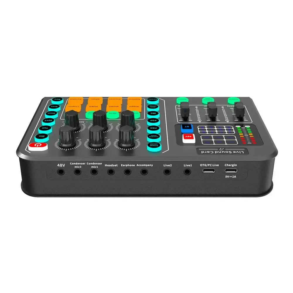 Black compact card audio mixer with colorful knobs and labeled ports for live broadcast karaoke and game singing voice use