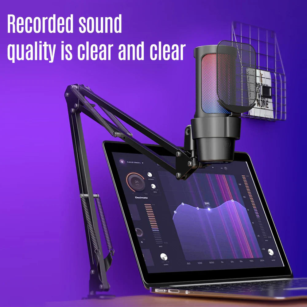 Black usb gaming microphone with mesh grille pop filter on adjustable arm above laptop with audio waveform software