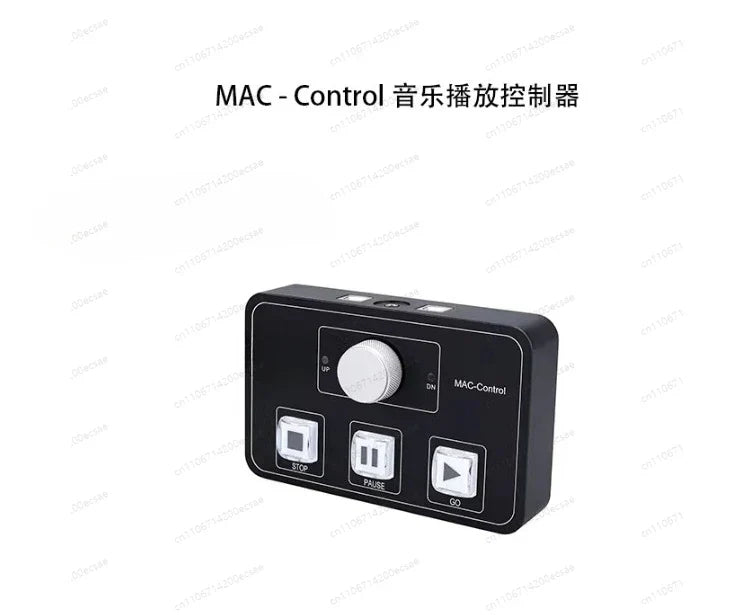 Black rectangular mac-control playback midi controller with silver volume knob and qlab software music hot backup buttons
