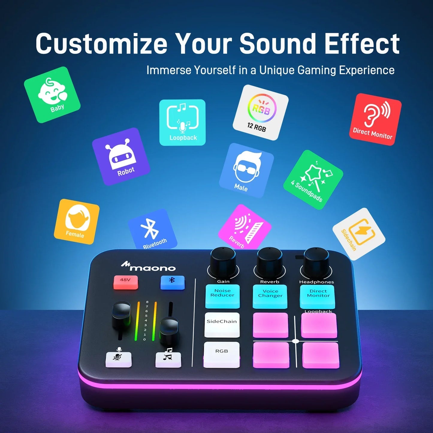Black maono g1 neo gaming audio mixer with glowing purple led lights and colorful buttons for effects rgb streaming customization