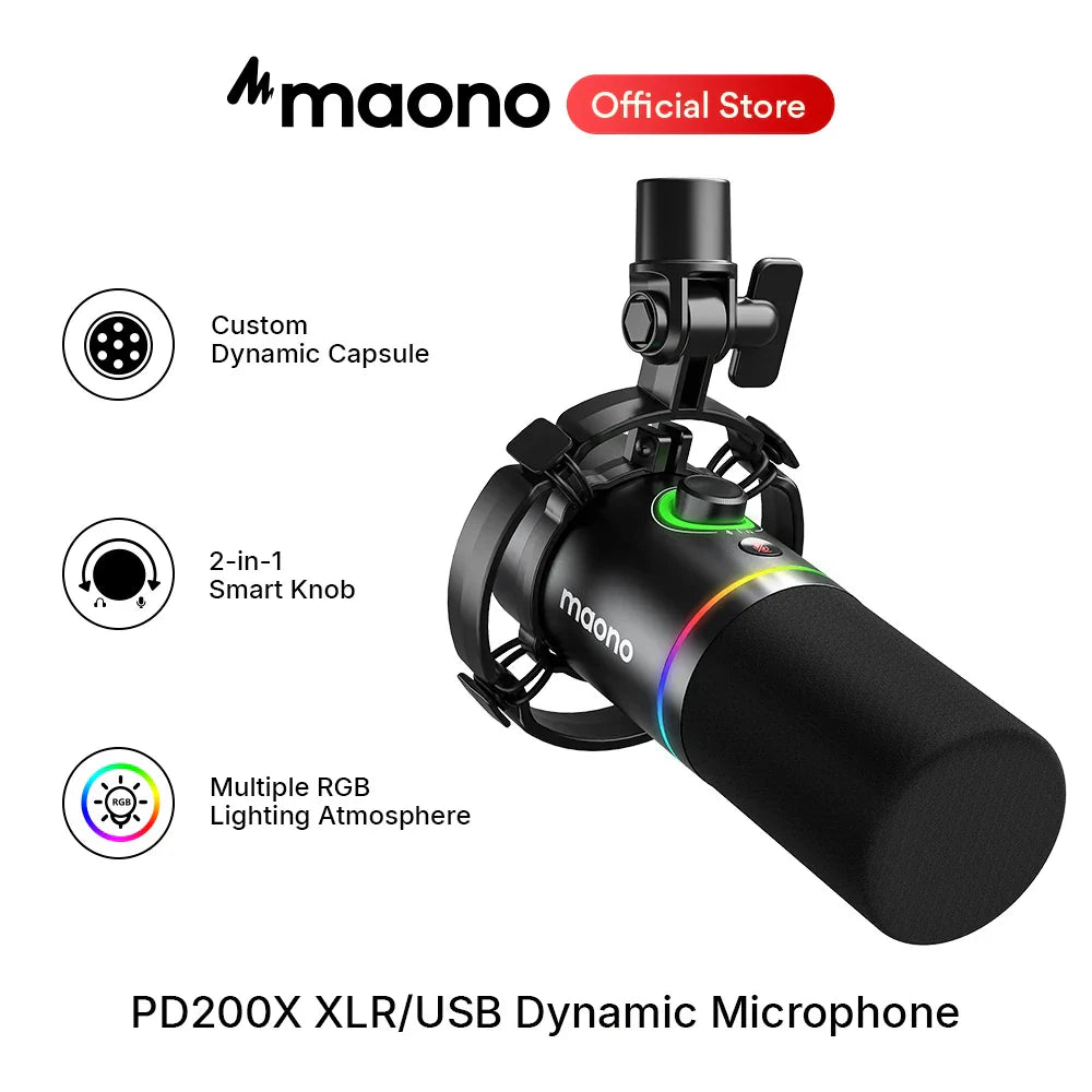 Black maono pd200x xlr usb dynamic microphone with rgb lighting and 2 in 1 gain knob for gaming recording streaming youtube metal mic