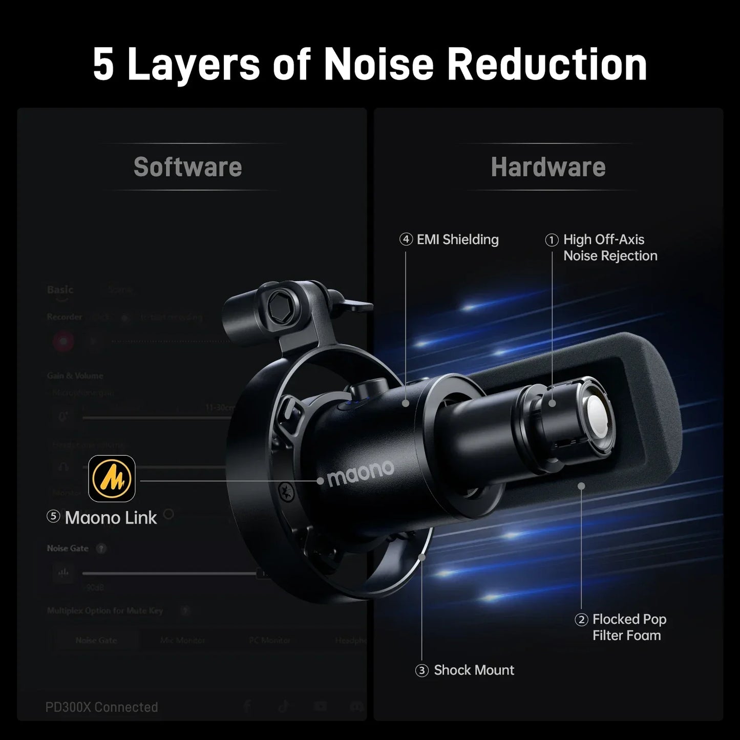 Black maono pd300x dynamic microphone xlr usb with 5 layers noise reduction for recording mic 192khz24bit studio use