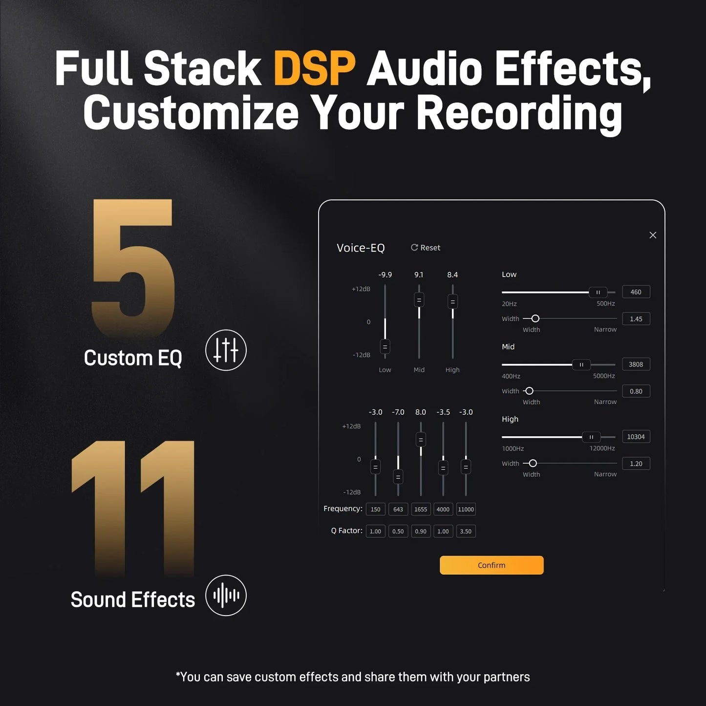 Black screen showing digital audio equalizer interface with gold text for maono pm450 usb shock mount podcasting recording premium