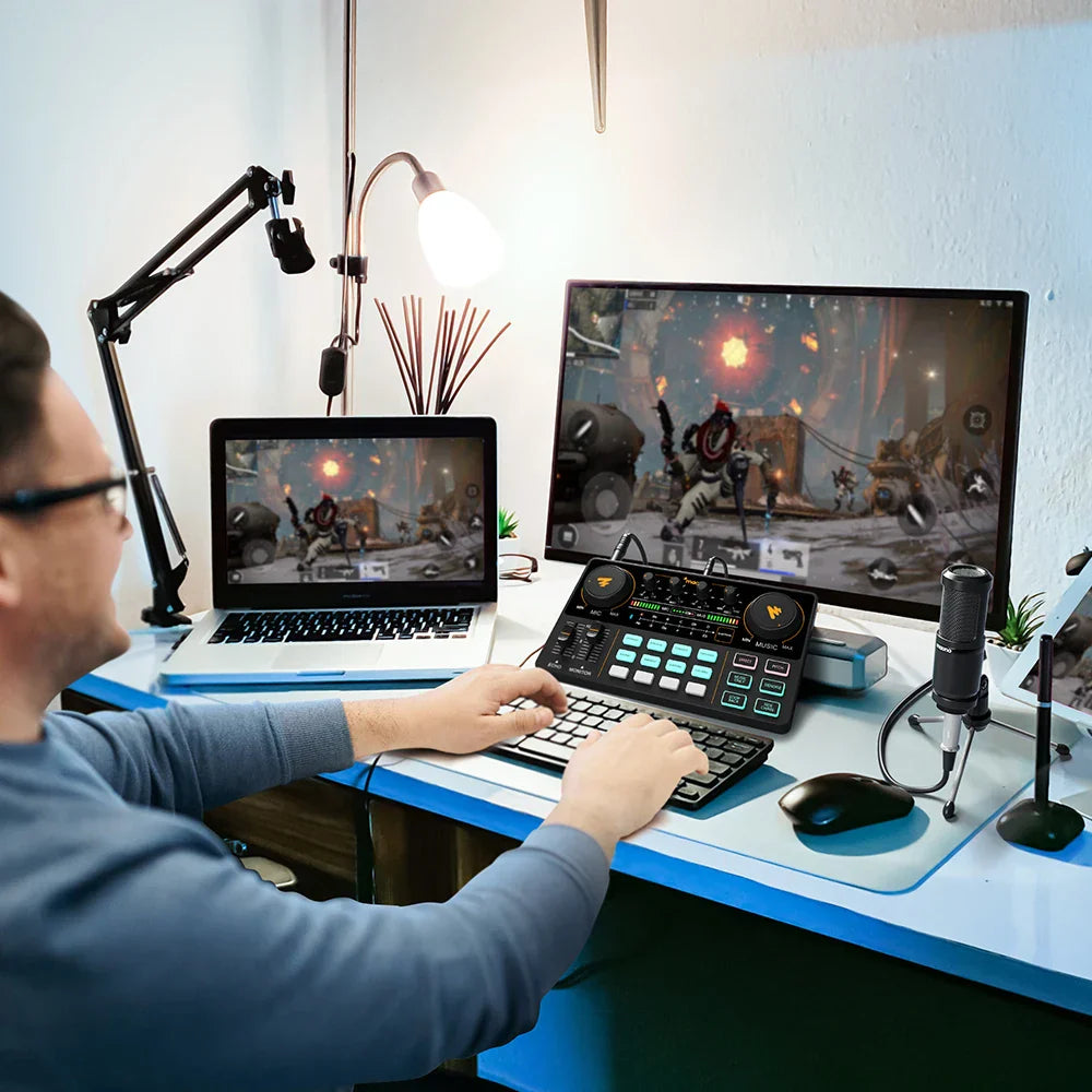 Black and teal MaonoCaster AM200-S1 sound card kit with circular knobs and illuminated buttons for live streaming recording