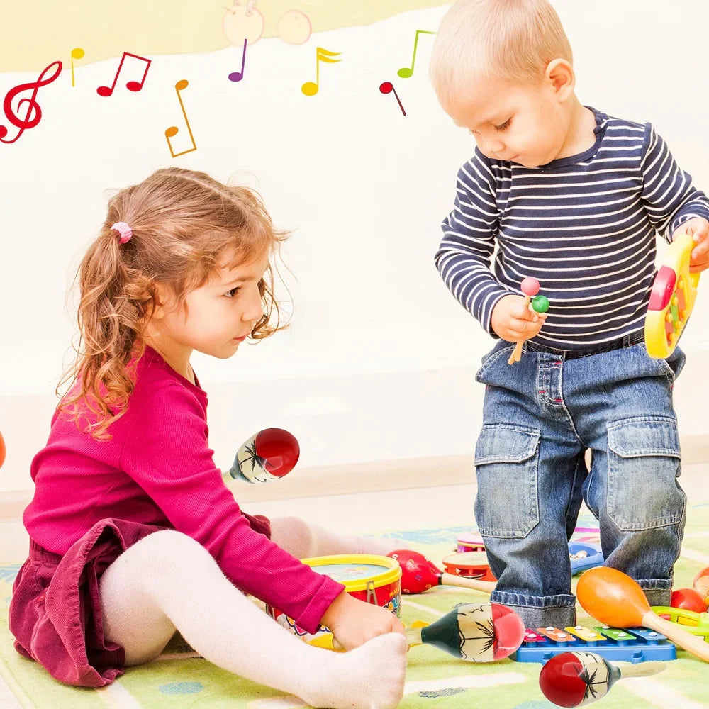 A child holds wooden large maracas rumba shakers in bright colors while another plays with musical toys on the floor