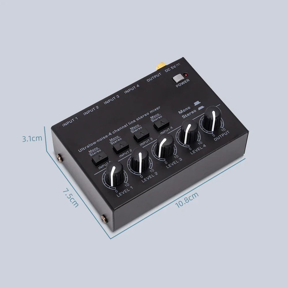 Black rectangular max400 audio mixer with white knobs 4-channel stereo mixer ultralow noise for electric guitar drum piano