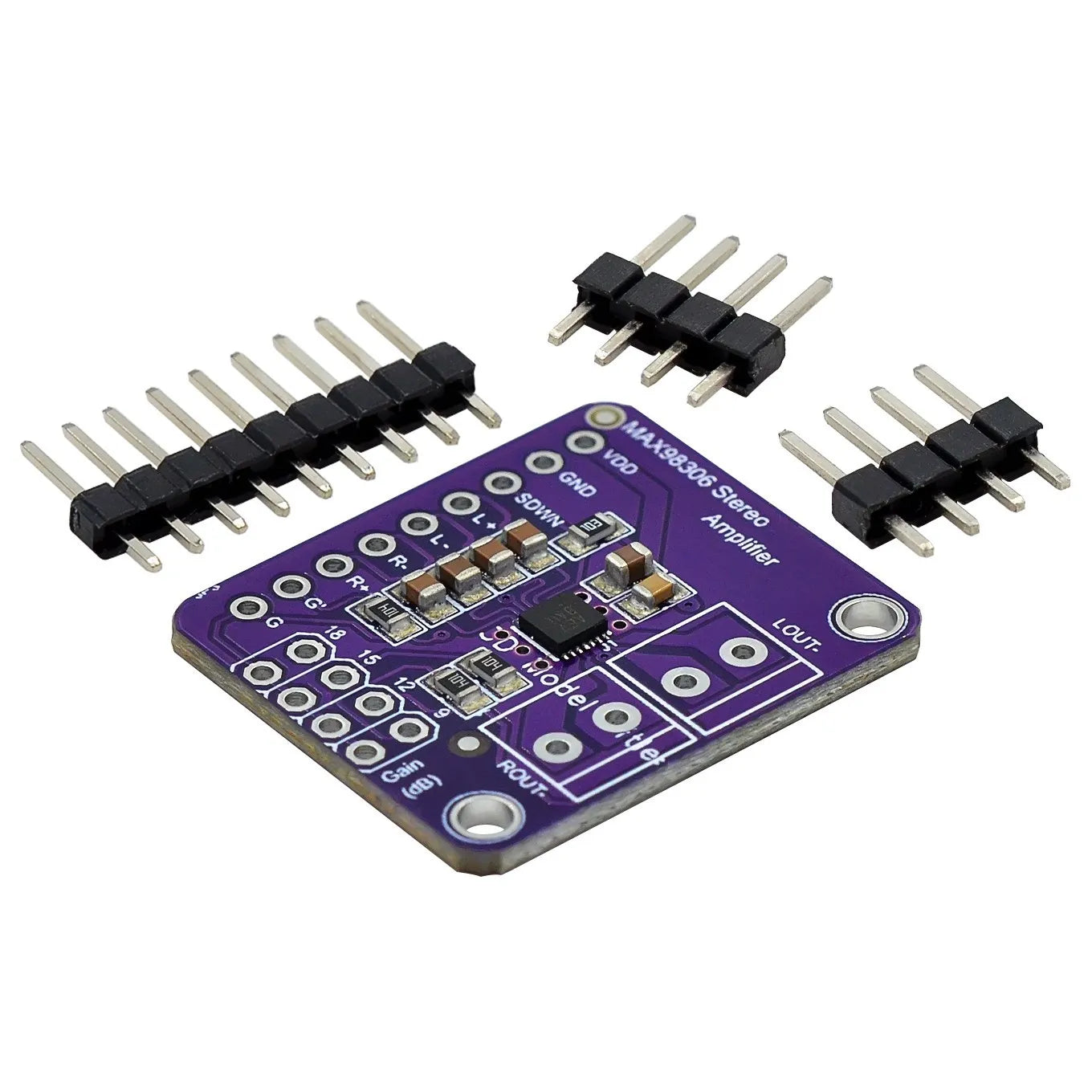 Purple max98350 stereo amplifier breakout board with black header pins for sound equipment home music volume control diy kit