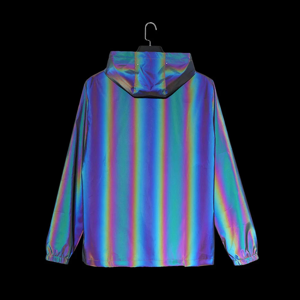 Men reflective jacket with iridescent vertical rainbow stripes and reflective hood outdoor hooded windproof for dance skateboard clothes