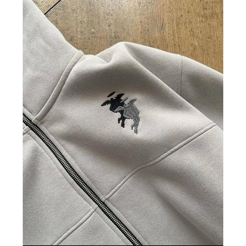 A light gray men rock gothic zip-up hoodie with black and silver embroidery graphic y2k clothes harajuku logo on chest