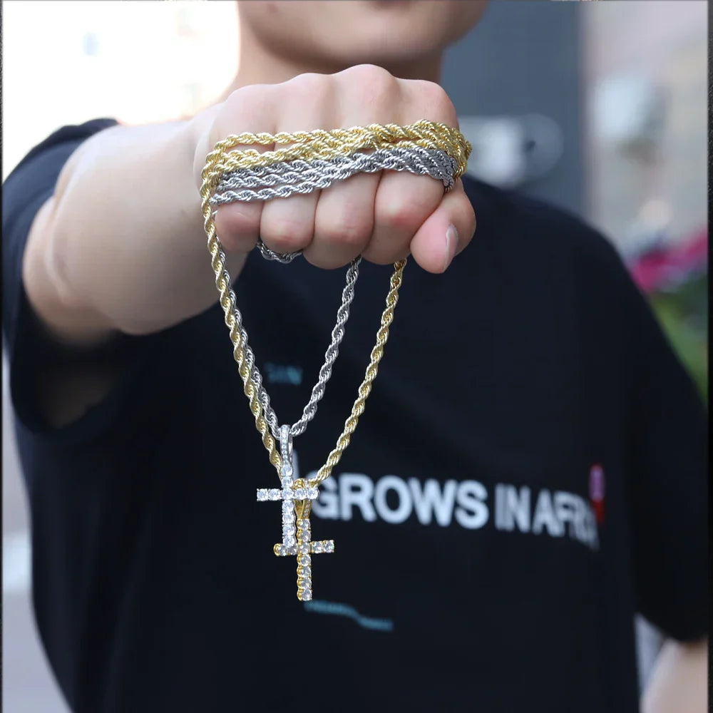 Gold and silver two-tone rope chain necklace with diamond-encrusted cross shiny pendant and 4mm zircon tennis charm
