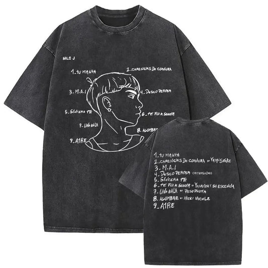 Black oversized y2k t shirt featuring white line art profile and handwritten song titles graphic for hip hop streetwear