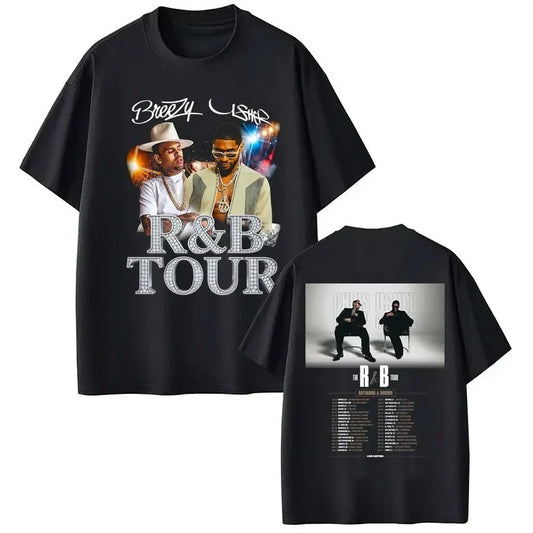 Black cotton oversized t shirt with digital printing process of artists breezy and usher silver glittery lettering front